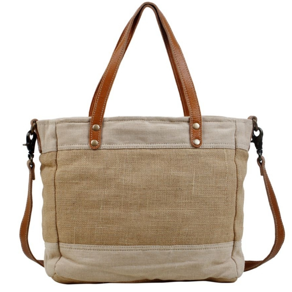 New! Myra Bag Repurposed Jute Canvas And Leather Market Tote Shoulder Bag - Picture 3 of 7